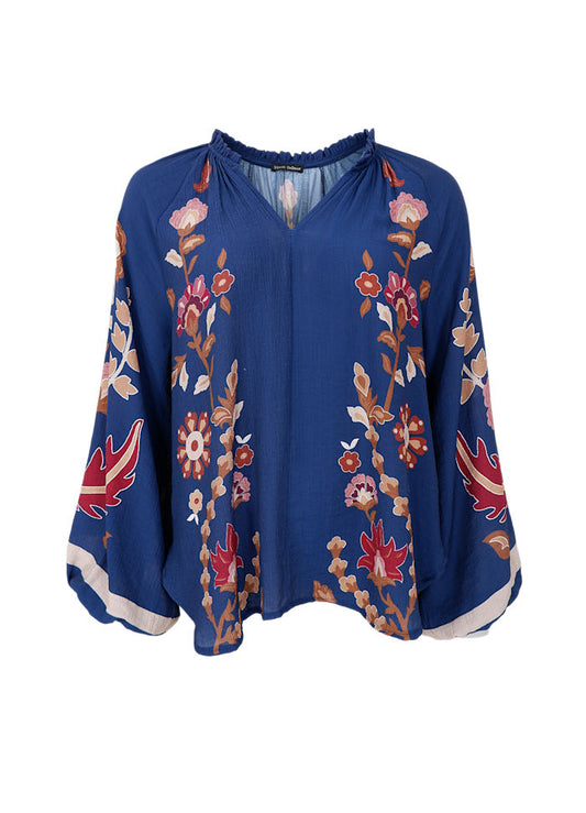 Black Colour Marigold Blouse Dk Blue Flower