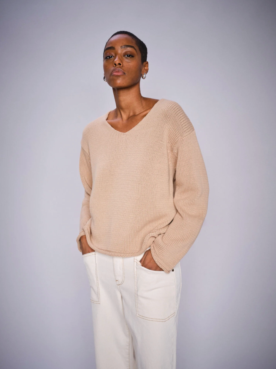 Mos Mosh Bine LS V-neck Knit Sesame