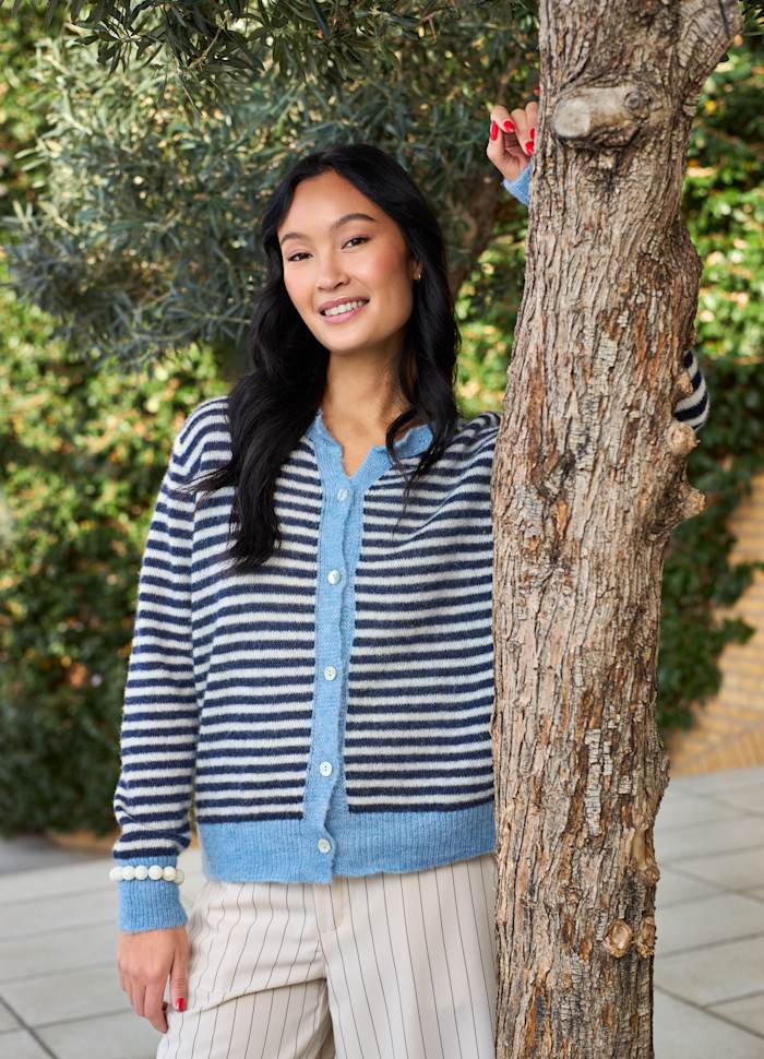 Black Colour Dell Striped Knit Cardigan Navy