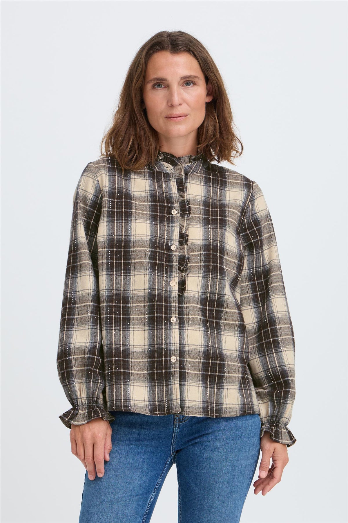 Pulz Kamma LS Frill Shirt Beige/espresso