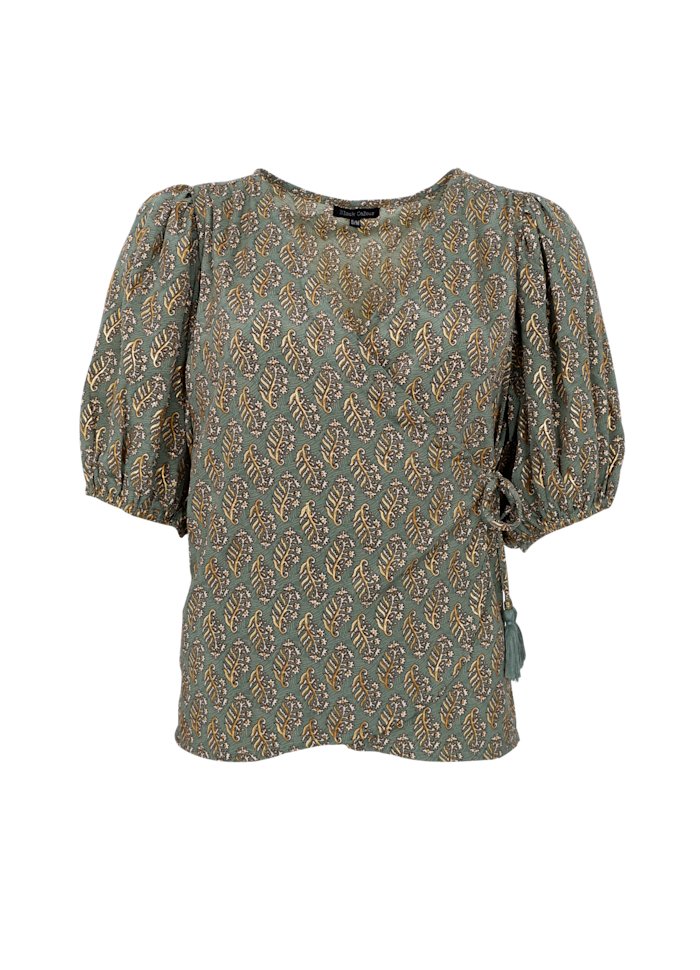 Black Colour Luna Puff Sleeve Wrap Olive Mist