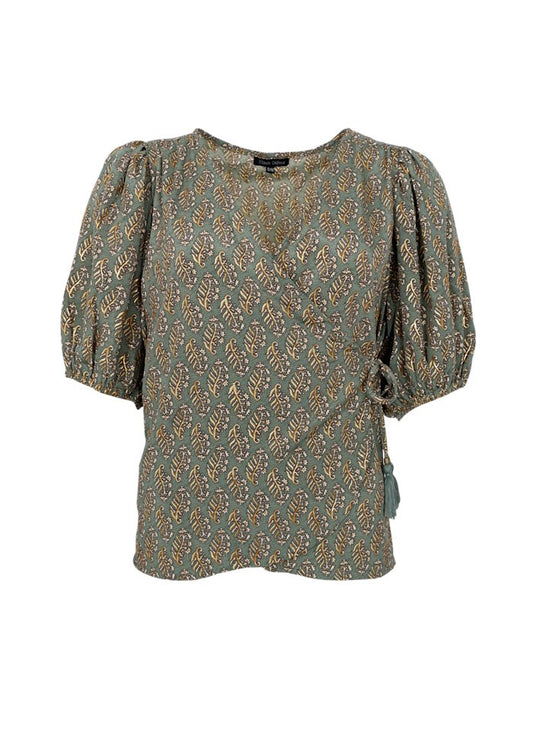Black Colour Luna Puff Sleeve Wrap Olive Mist