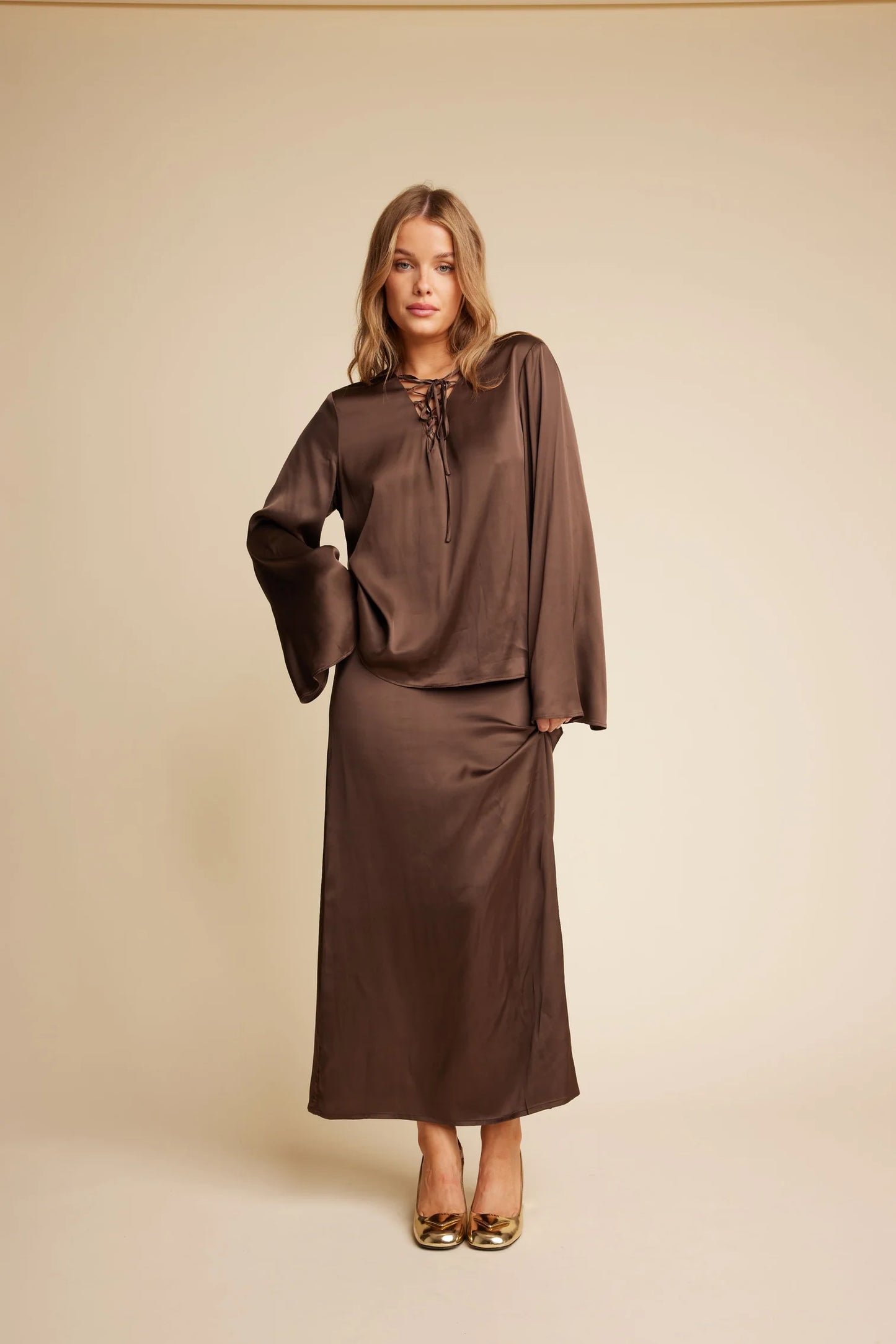 Line of Oslo Rikke Satin Skirt Brown