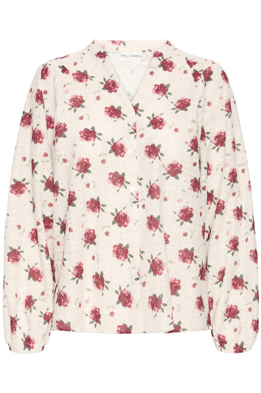 Pulz Willa LS Shirt White Red