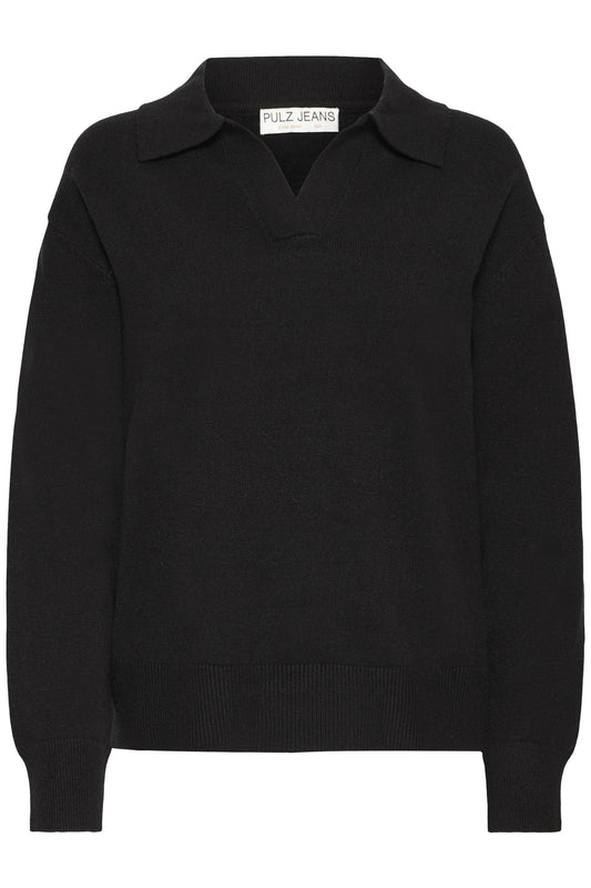 Pulz Steffi Open Polo Pullover Black Beauty