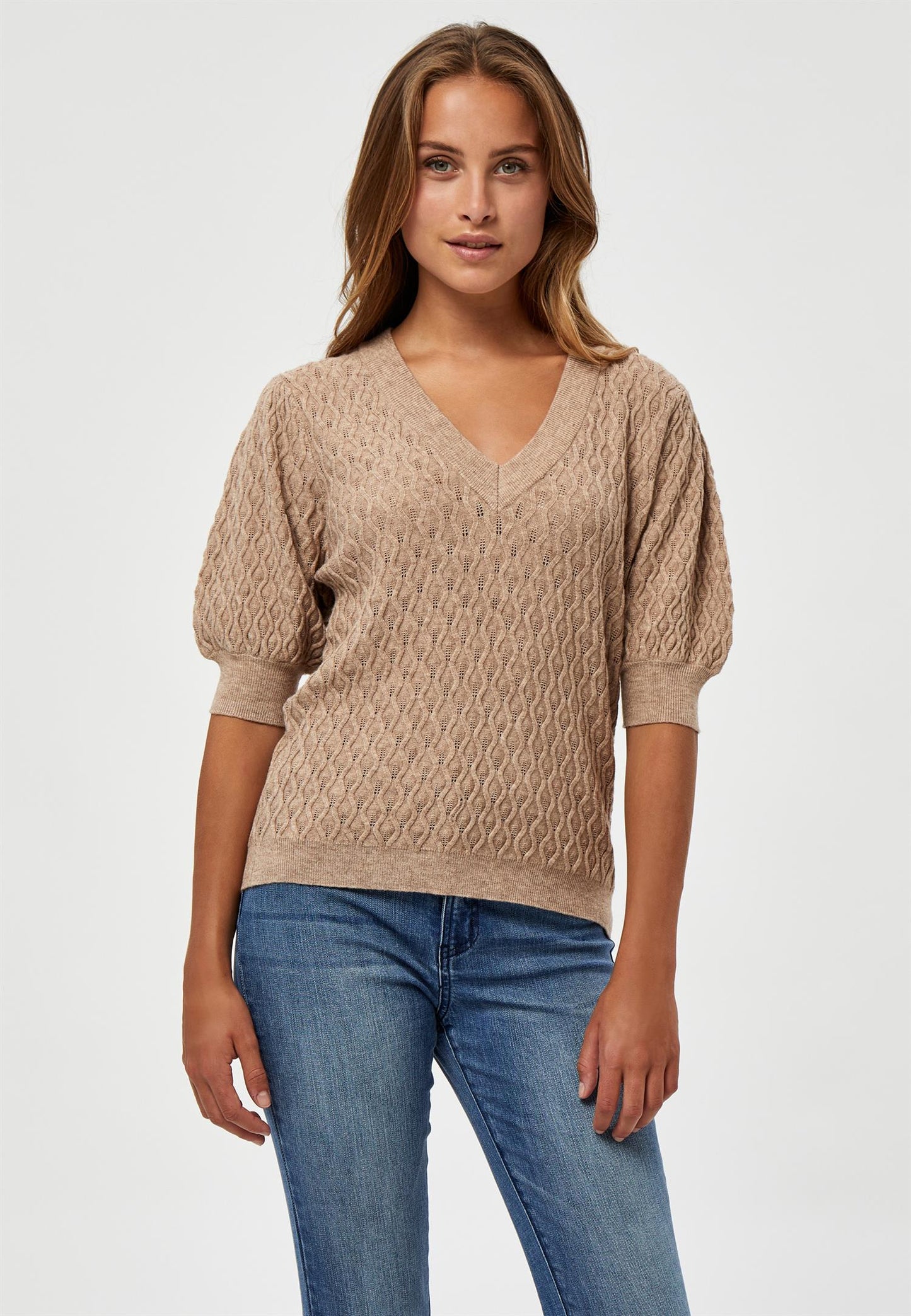 Peppercorn Rosalia Puff Sleeve Knit Tee Warm Sand