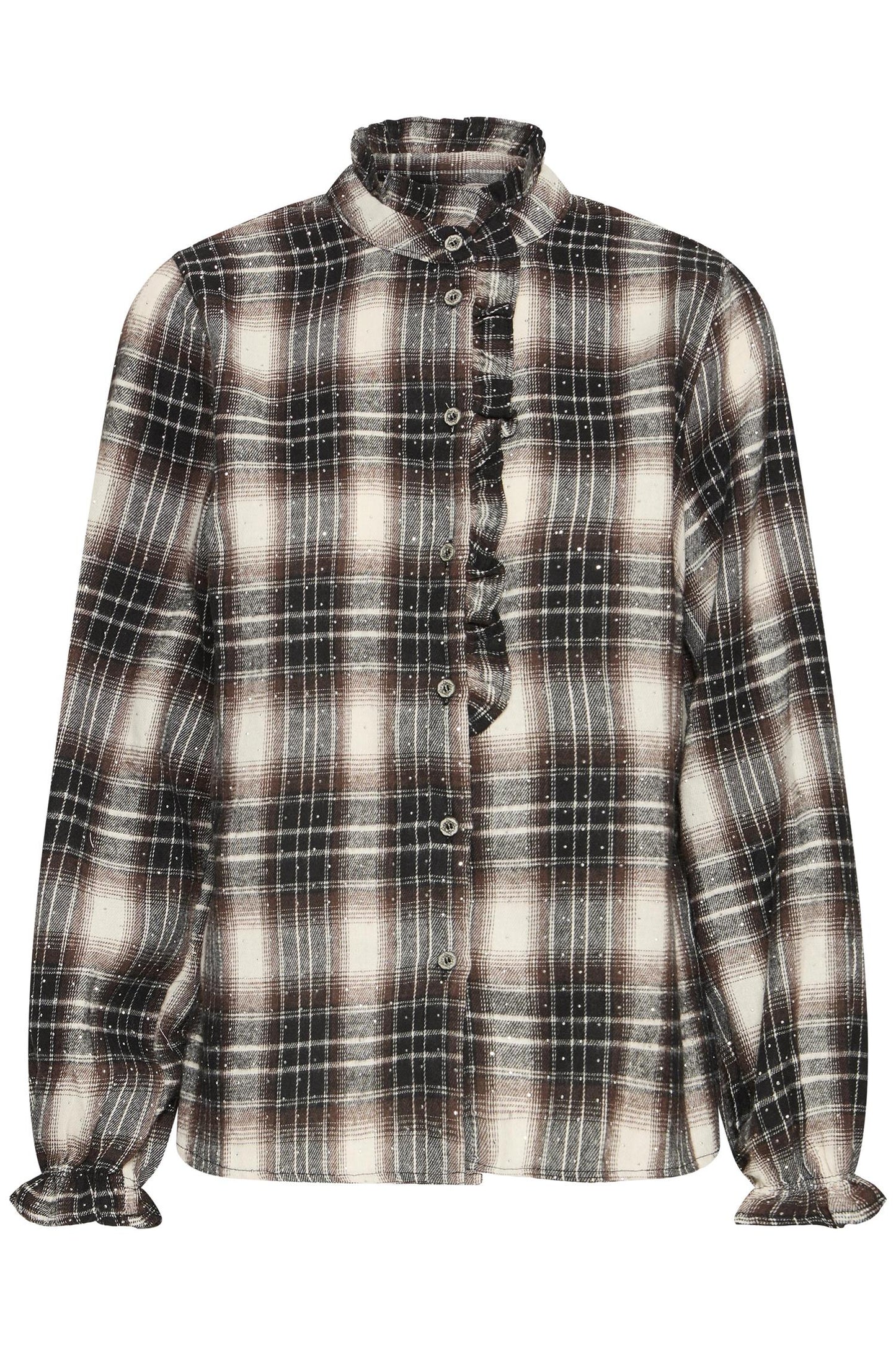 Pulz Katelyn LS Frill Shirt Brown Black