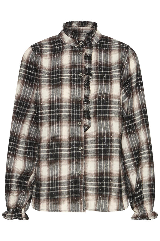 Pulz Katelyn LS Frill Shirt Brown Black