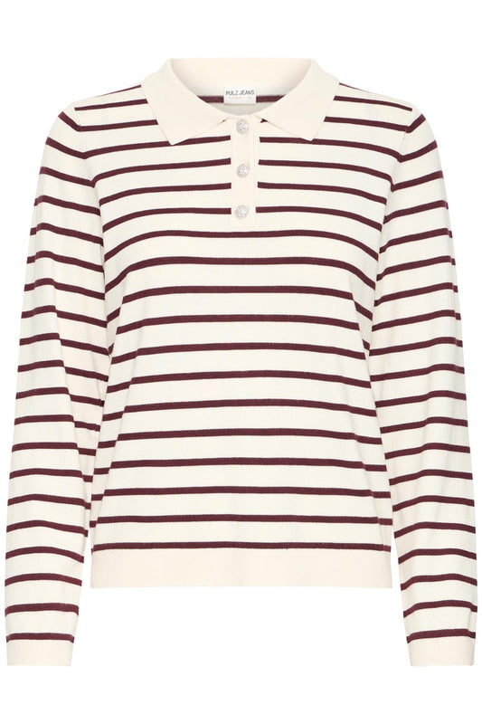 Pulz Sara Striped Polo Long Sleeve Port Royal Striped