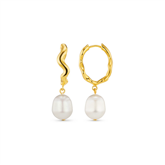 Orelia Oval Wave Pearl Drop Hoops Gold