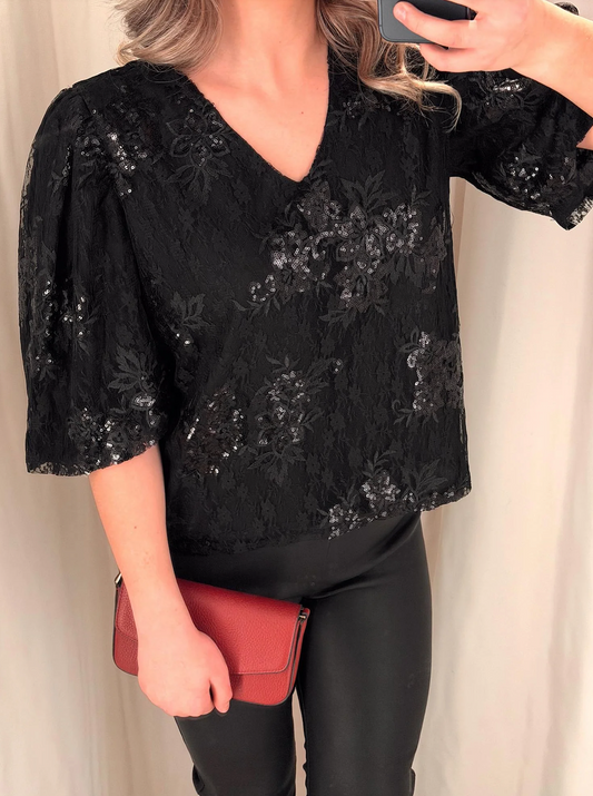 Rah Oslo Lace Sequin SS Black