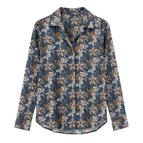 Rah Oslo Satin Print Shirt Denim Flower Print