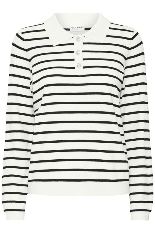 Pulz Sara Striped Polo Long Sleeve Black Beauty