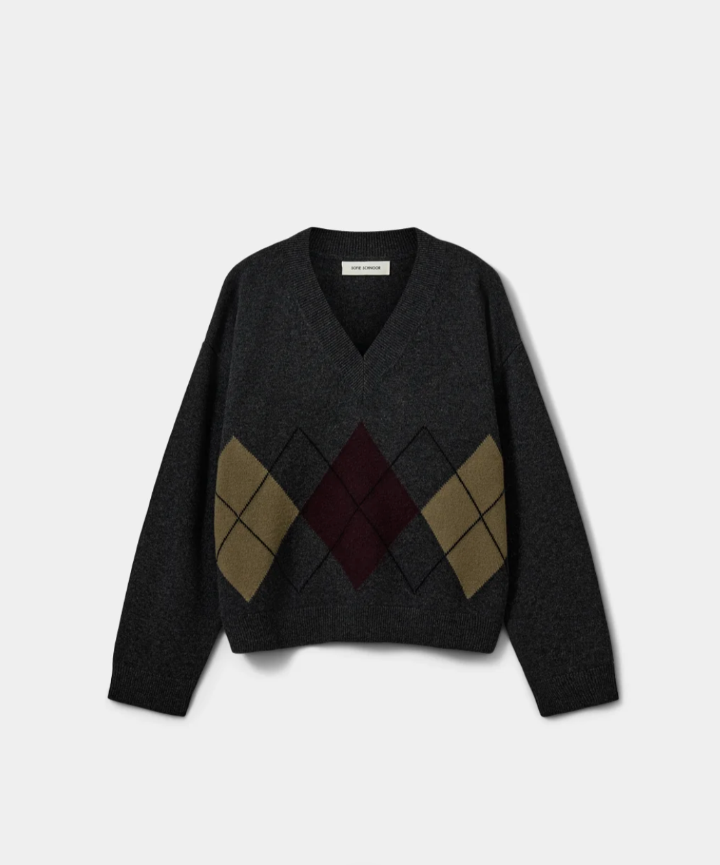 Sofie Schnoor Pale V-neck Argyle Knit Sweater Dark Grey