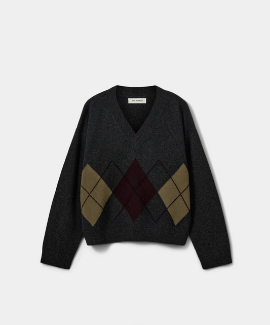 Sofie Schnoor Pale V-neck Argyle Knit Sweater Dark Grey