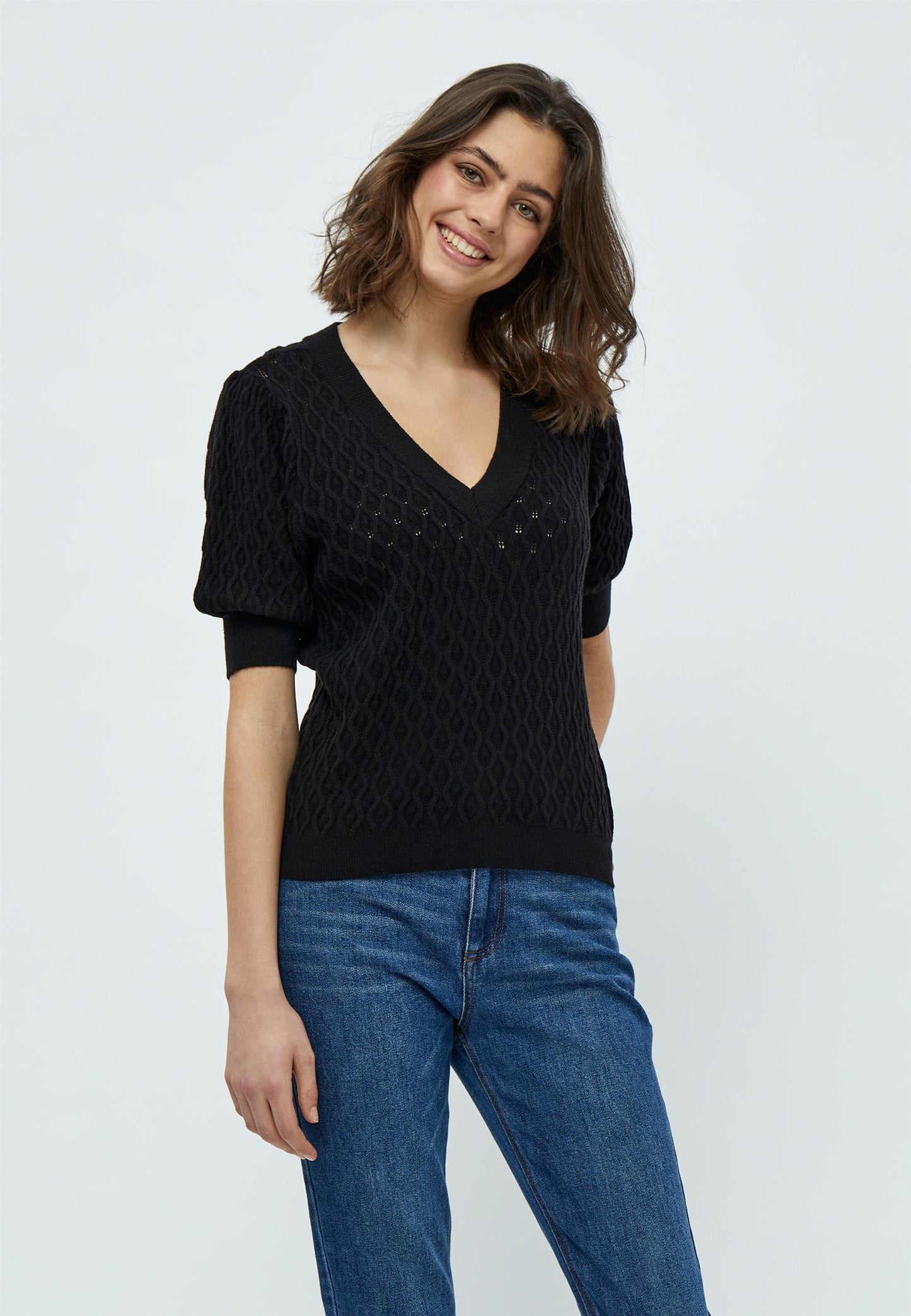 Peppercorn Rosalia Puff Sleeve Knit Tee Black