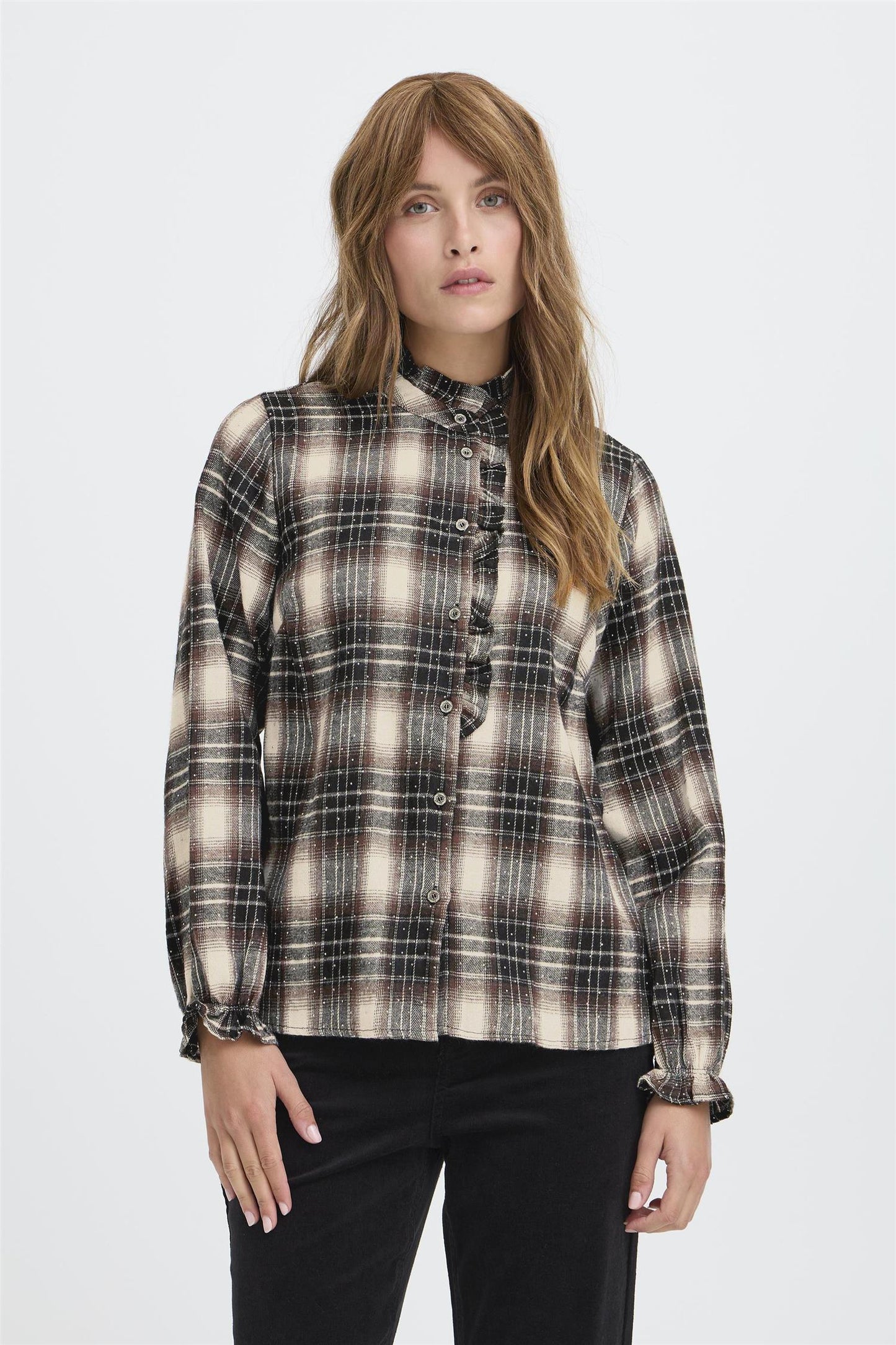 Pulz Katelyn LS Frill Shirt Brown Black