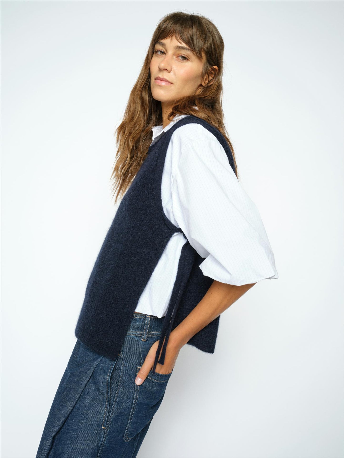 Mos Mosh Thora Tie Knit Vest Salute Navy